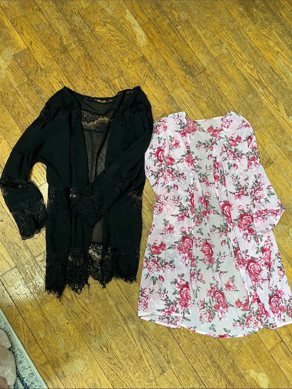 Set of Two - Black Lace & Pink Floral Open draped coverup Set